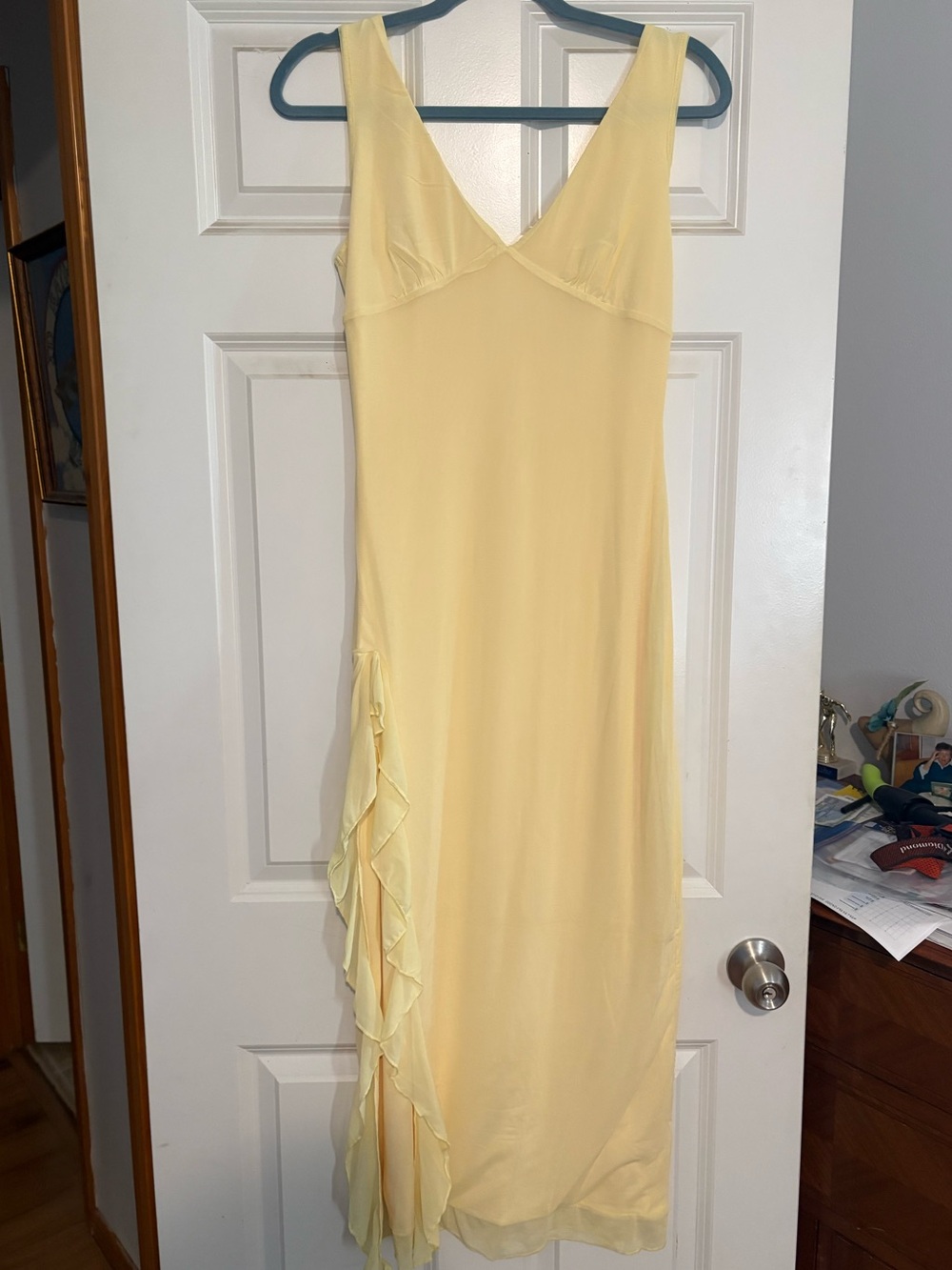 Pale Yellow Maxi Dress with Ruffled Slit